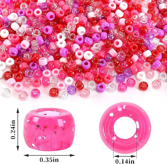 UPINS Valentine's Day Pony Beads, 1200Pcs Glitter Pink Red Purple Round Plastic Pony Beads for Jewelry Making DIY Crafts Valentines Party Decoration Necklace Bracelets Romantic Accessories (10 Colors)
