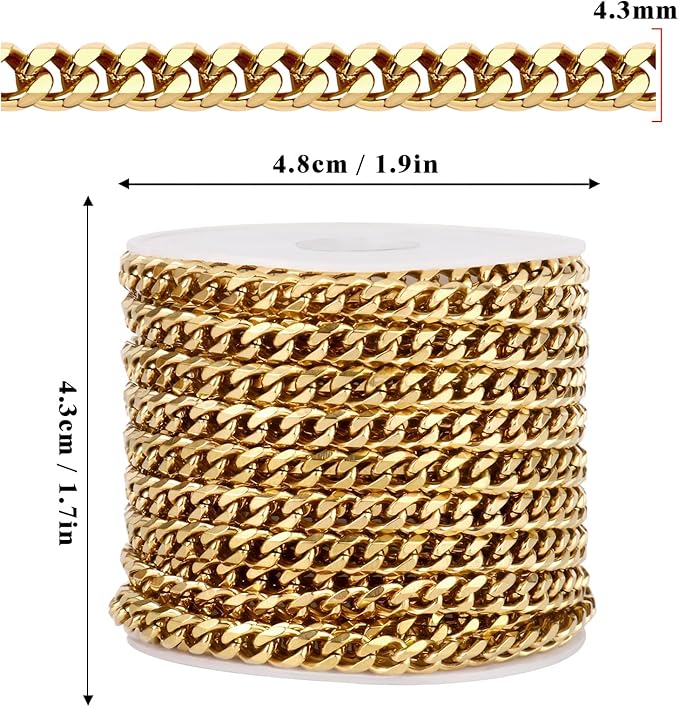 16.5FT Gold Cuban Chain Roll 4.3MM 18K Gold Plated Diamond-Cut Curb Link Chains Spool Bulk for DIY Crafts Jewelry Making