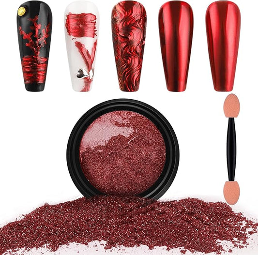 Artdone Chrome Nail Powder,Red Iridescent Aurora Powder Metallic Mirror Effect Pigment Pearlescent Mermaid Pigment Pearl Glitter Dust Kit, Nail Art Decoration, Resin Craft