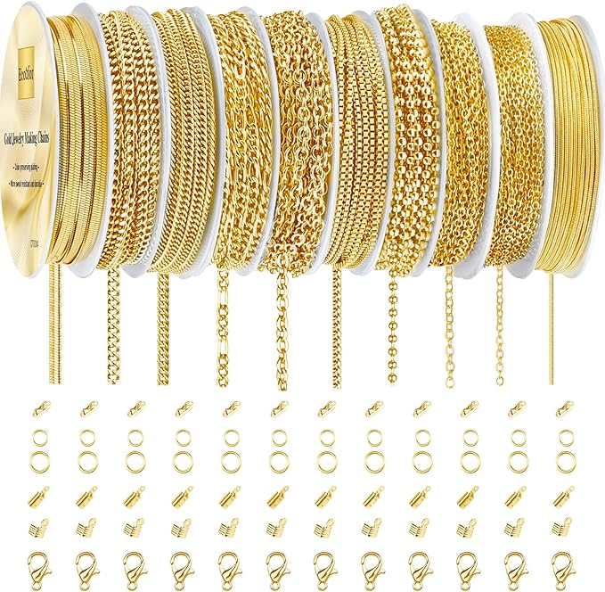 Ecoofor Gold Necklace Chains for Jewelry Making, 75.5 Feet 10 Rolls Jewelry Chains for DIY Necklace Bracelet Jewelry Making with Jump Rings/Lobster Clasps/Connectors