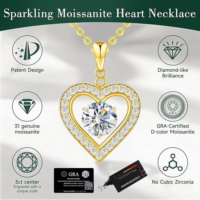 Heart Pendant Necklace for Women: Luxury Gift for Wife Girlfriend Mom/Her - 3ct D Color Moissanite - Gold Jewelry with Gift Box- Hypoallergenic & Adjustable Chain - Daily & Special Occasion Wear
