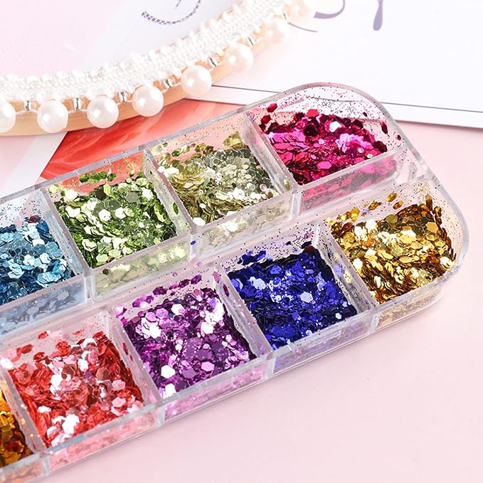 Mermaid Glitter Nail Art Sequins, 12 Colors Hexagon Shape Glitter Flakes Design, Holographic 3D Sparkly Acrylic Nails Supplies for Women Girls Manicure Shiny Decorations, DIY Resin Nail Art Tips