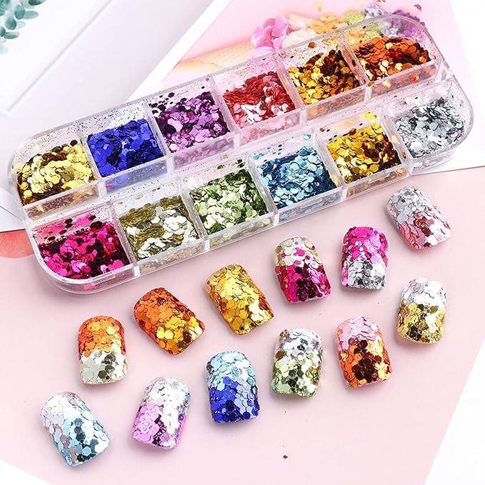 Mermaid Glitter Nail Art Sequins, 12 Colors Hexagon Shape Glitter Flakes Design, Holographic 3D Sparkly Acrylic Nails Supplies for Women Girls Manicure Shiny Decorations, DIY Resin Nail Art Tips