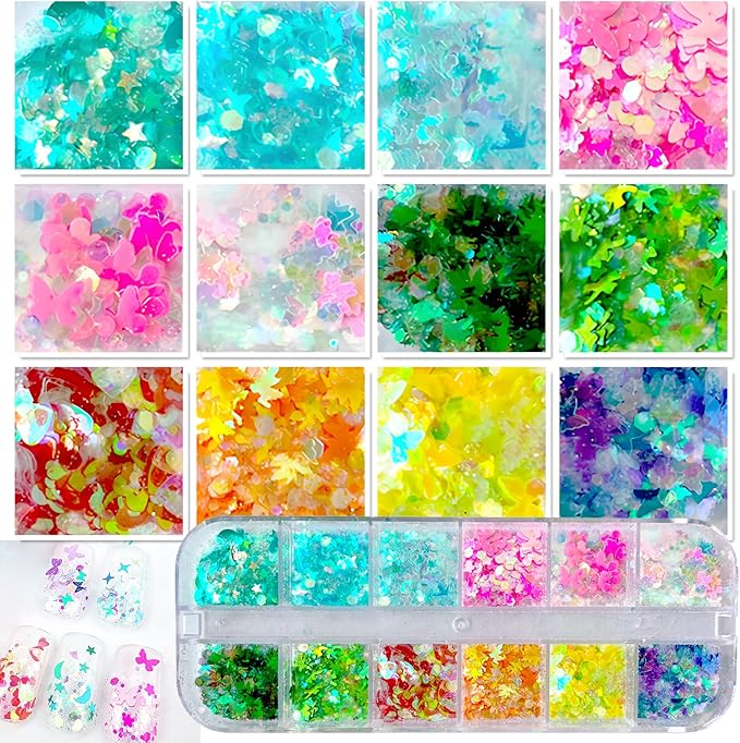 AddFavor 4 Boxes Nail Glitter Holographic Maple Chunky Glitter Flakes Mixed Shaped Flower Heart Star Iridescent Nail Sequins Decals for Fall Nail Art/False Eyelash Decor Supplies