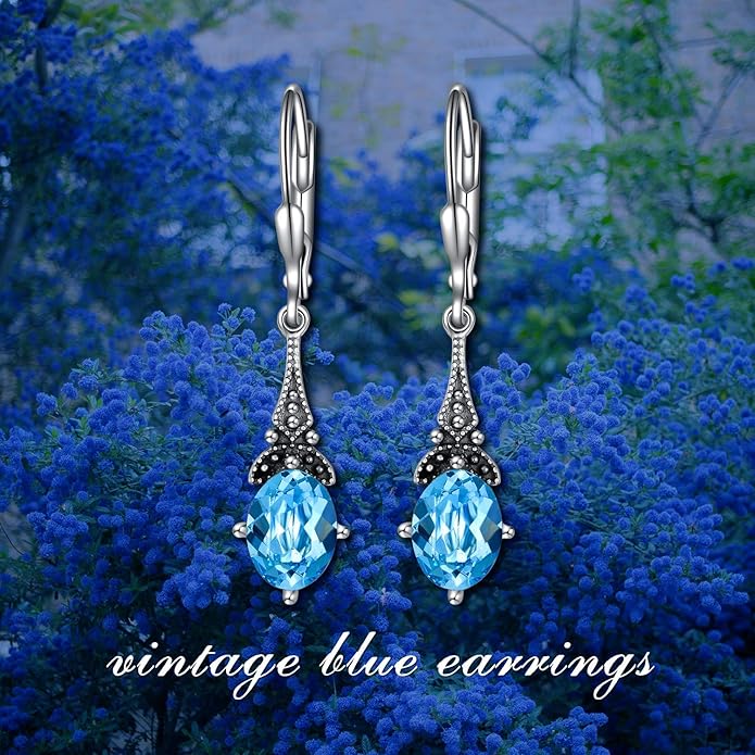 AOBOCO Vintage Earrings for Women Sterling Silver Retro Drop Dangle Leverback Earrings with 8x6mm Oval Genuine or Simulated Birthstone Crystal from Austria, Anniversary Jewelry Gifts for Her (Gift Box)