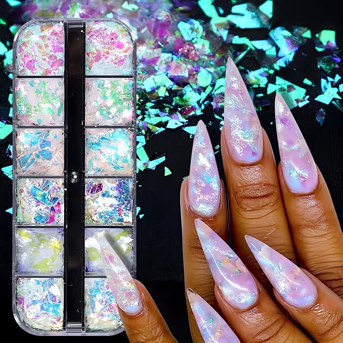 Holographic Mermaid Nail Art Glitter Iridescent Flakes JMEOWIO 12 Grids Gradient Bright Ice Slag Nail Sequins Paillettes Summer Nail Art Decoration