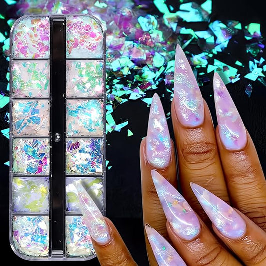 Holographic Mermaid Nail Art Glitter Iridescent Flakes JMEOWIO 12 Grids Gradient Bright Ice Slag Nail Sequins Paillettes Summer Nail Art Decoration