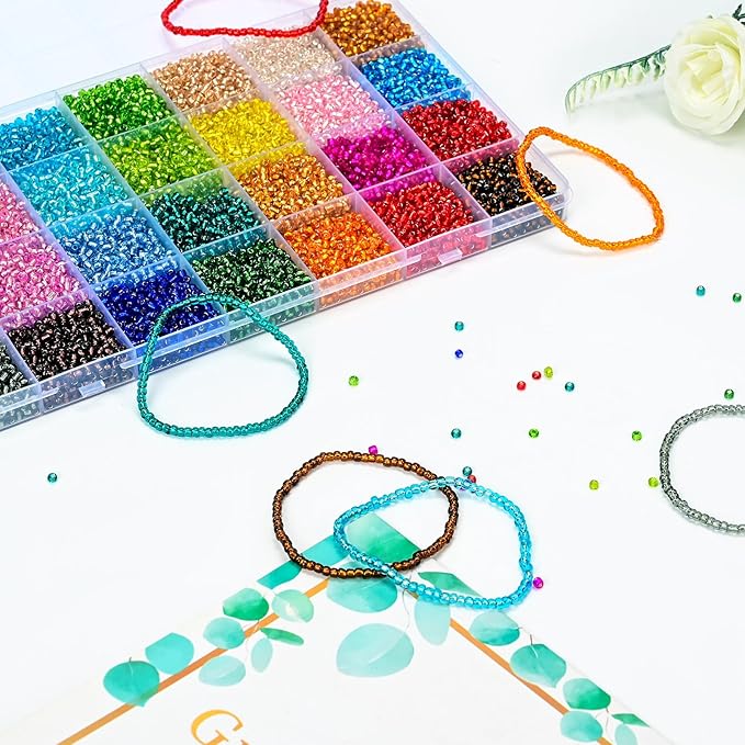 Vtssvow 3mm Glass Seed Beads for Bracelets Making, 28 Colors 11000pcs Friendship Bracelet Making Kit, Small Glass Beads for Jewelry Making (Mix 28 Color, Silver Lined)