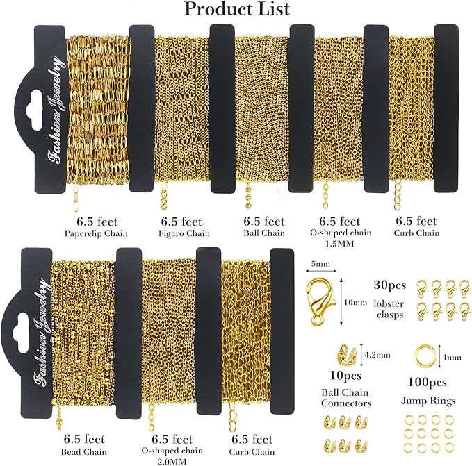 18k Gold Necklace Chains for Jewelry Making, 52.5 Feet 8 Rolls Bracelet Chains for DIY,6.5 Feet Each Style, Gold Plated Chain with Jump Rings/Lobster Clasps/Connectors