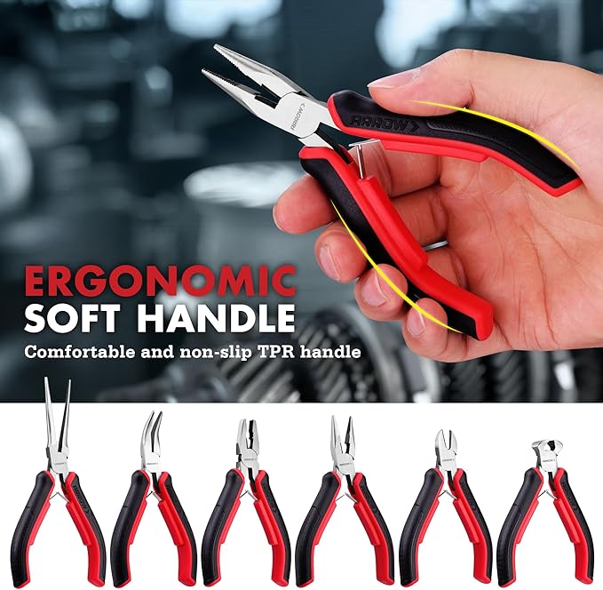ARROW Mini Pliers Set, 6-Piece Precision Jewelry & Craft Kit – Includes Needle, Diagonal, Long, Bent, End Cutting & Lineman Pliers for Electronics, Crafts & DIY, with Pouch