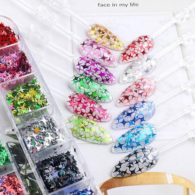 Stars Nail Art Glitter Sequins, 3D Sparkly Four-Pointed Star Nail Flakse Designs, 12 Colors Star Nail Art Sequins Supplies for Women Girls Manicure Shiny Decorations, DIY Resin Nail Art Tips