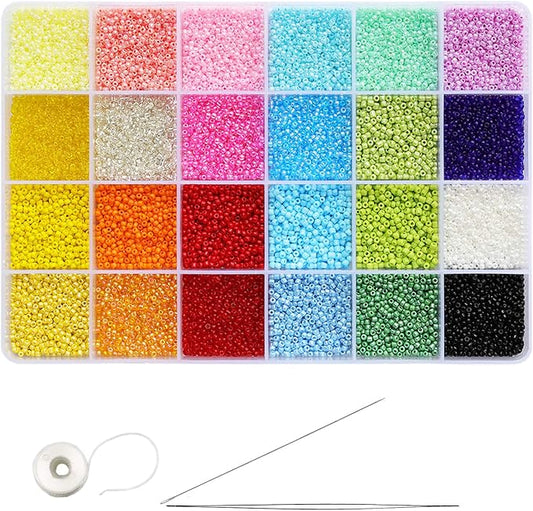 Glass Seed Beads Assorted Kit - Size 12/0 (2mm Tiny), 24 Multicolor Options (24,000pcs Total) with Organizer Box for Adult DIY Jewelry Making