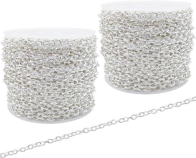 60 Feet Metal Iron Necklace Chains 3mm Bulk Curb Link Chain for Jewelry Making DIY Craft Supplies (Silver)
