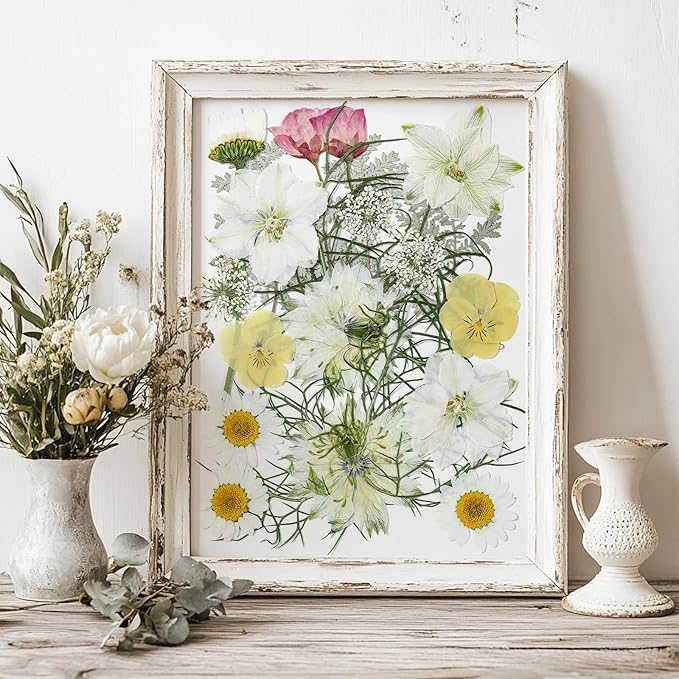 86Pcs Dried Flowers for Crafts, Real Pressed Flowers for Crafts Dried Pressed Flowers Dry Leaves in White, Pink & Yellow Tones for Resin, DIY Art, Scrapbook, Jewelry, Candle & Soap Making with Tweezer