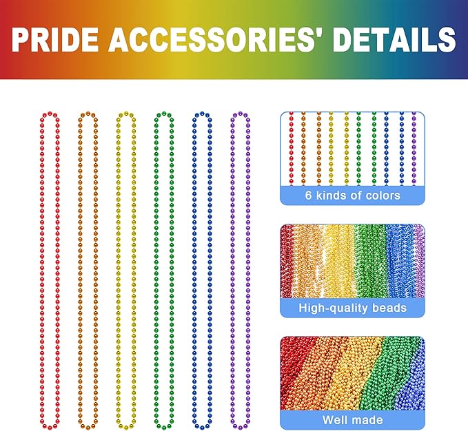 Pride Beads Stuff, LGBTQ Necklace Accessories,100PCS 6 Kinds of LGBTQ Metallic Beads Necklaces Bulk, Gay Lesbian Pride Necklace, Costumes Decor for Pride Month Parade Throws Party Favors