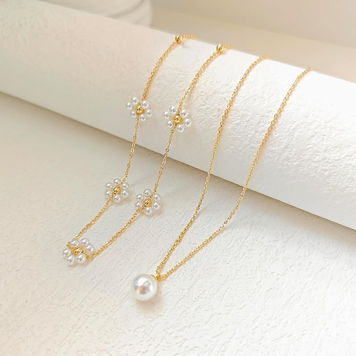Pearl Necklaces for Women 14K Gold Plated Dainty Layered Single Pearl Necklace Simple Daisy Pearls Choker Cute Gold Necklace Stack Jewelry Sets for Women Trendy Gifts