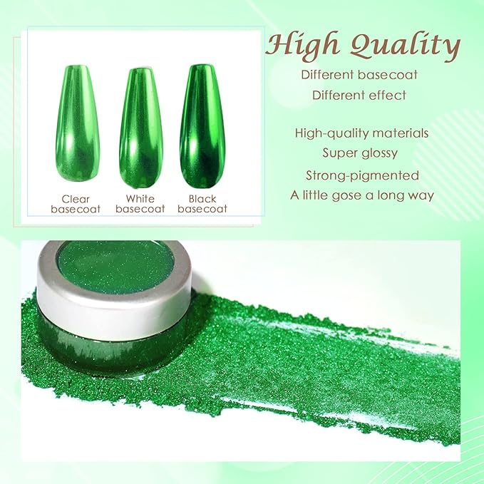 Laza Chrome Nail Powder Mirror Effect Metallic Dust Holographic Glitter Glazed Manicure Decoration Reflective Pigment for DIY Gel Polish Nail Art, Resin Craft, Gifts - Green