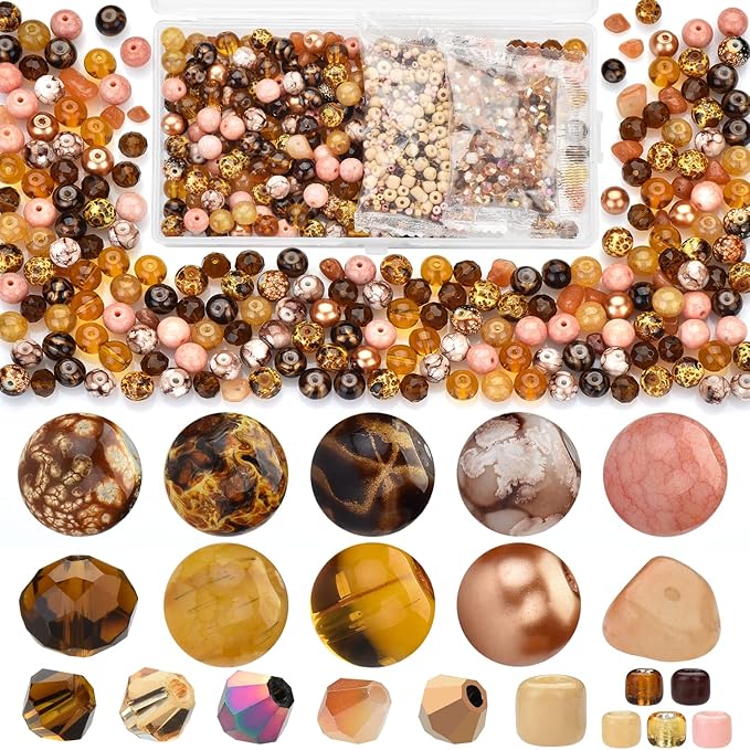 Craft Crystal Beads Jewelry Making Kit, Shade Brown Beads Including 8 Types of Round Beads, with Bicone Beads, Rondelle Beads, Gravel Beads and Seed Beads for Bracelet Making