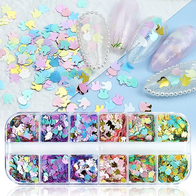 Rabbit Nail Art Glitter Sequins, 3D Animal Rabbits Nail Flakes Designs, Holographic Easter Laser Rabbit Acrylic Nails Supplies for Women Girls Manicure Decorations, DIY Body Makeup Crafts Kit