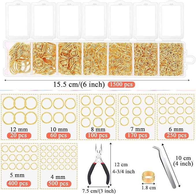Paxcoo Gold Jump Rings for Jewelry Making - 1500Pcs Necklace Repair Kit With Supplies and Pliers for Bangle Charms, Earrings and Nail Piercing