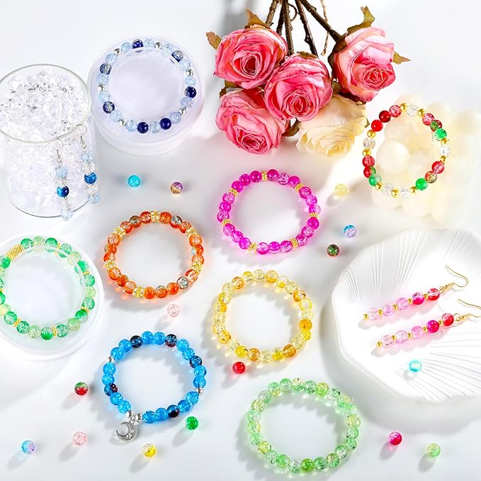 Zefy 1500+ Pcs 8mm Glass Beads for Bracelets, 48 Colors Crackle Glass Beads for Jewelry Making, Round Crystal Bead for DIY Earrings Necklace Crafts with Spacer Bead and Charms