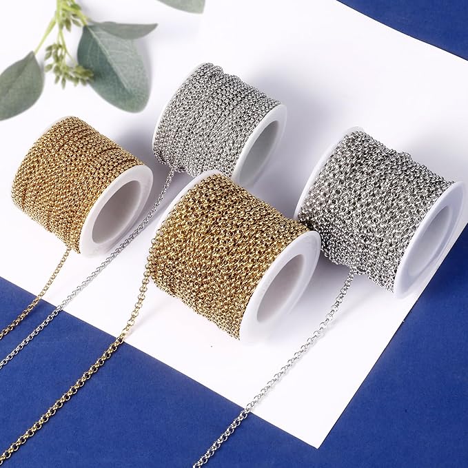 33FT Gold Rolo O Chain for Jewelry Making 3.5MM Gold PVD Plated Stainless Steel Link Chains Roll for DIY Crafts Jewelry Making