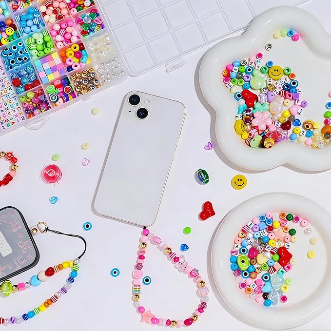 MYCUTEY DIY Phone Charm Making Kit with 657Pcs Colorful Pony,Letter,Football,Star,Flower Beads,Craft Supplies for Jewelry-Making,Necklace,Bracelet Personalized Name Making Gift for Women Kids Girls