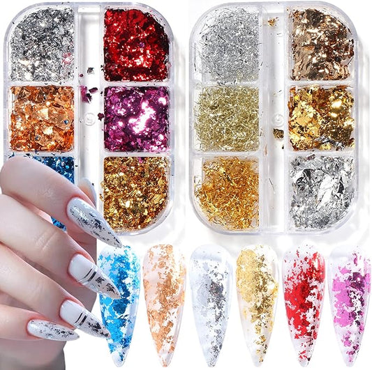 Nail Art Foil Glitter Flakes, Holographic Ultra-Thin Aluminum Foil Sequins Design, Metallic 3D Sparkly Nail Foils Acrylic Supplies for Women Girls Manicure Shiny Decorations, Gold Foil Nail Art Tips