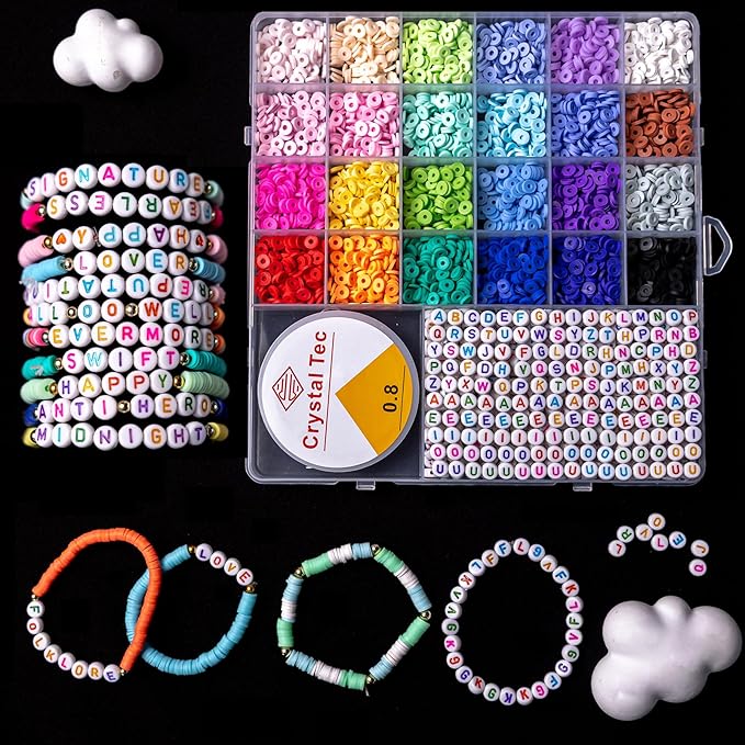 nikkiGuo 6380 PCS Jewelry Making Kit – 24 Colors Seed Beads, 24 Colors Clay, UV Color Changing & Glow Pony, Letter, Mixed Charms, Tools,Gift Box for DIY Bracelets