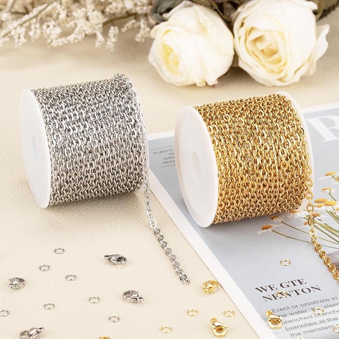 SMYHTGLIF 32.8 Feet Stainless Steel Chain for Jewelry Making 2 Rolls Gold and Silver Jewelry Making Chains Craft Chain Roll Oval Cable Bulk Chain Jewelry Supplies