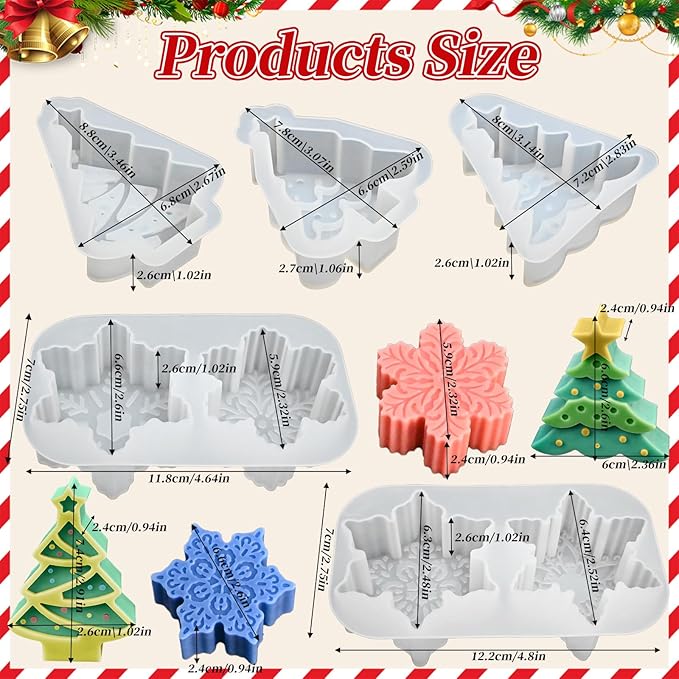 ZQYSING 5 Pcs Christmas Candle Molds, Set of 3 Christmas Tree + 2 Snowflake Silicone Mold for Candles Wax Soap Epoxy Resin Casting Home Themes Decor Handmade Gift
