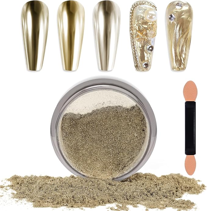 Laza Chrome Nail Powder Mirror Effect Metallic Dust Holographic Glitter Glazed Manicure Decoration Reflective Pigment for DIY Gel Polish Nail Art, Resin Craft, Gifts - Silver Gold