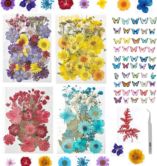 172Pcs Dried Flowers for Resin, Small Pressed Dried Flowers for Crafts Jewelry Making, Natural Real Dry Flowers for Resin Molds, Scrapbooking DIY, Soap Candle Making with Tweezers Butterfly Stickers