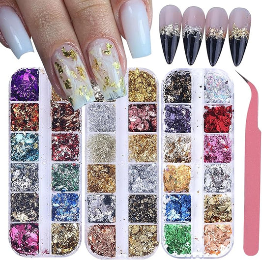Gold Foils Nail Glitter Supplies 36 Colors Golden Flakes for Nails Art Sparkly Ultra-Thin Aluminum Holographic Foils Nail Art Decoration Gold Leaf DIY 3D Metallic Nail Sequins Manicure Accessories