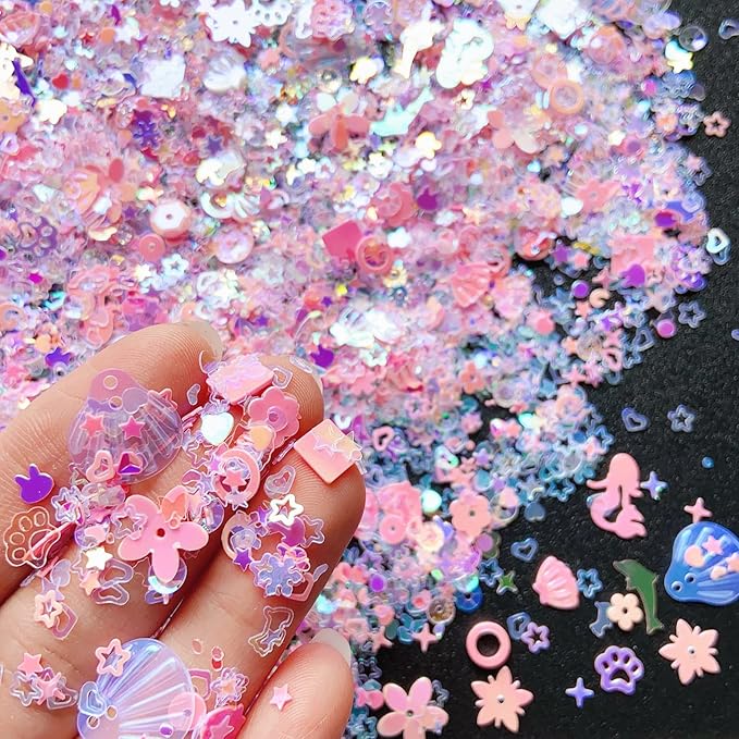 Heart Star Butterfly Craft Sequins Holographic Nail Glitte Confetti Shell Snowflakes Nail Art Holographic Glitter Nail Art Glitter Sequins for Women Girls Nail Decoration(Pink-50G)
