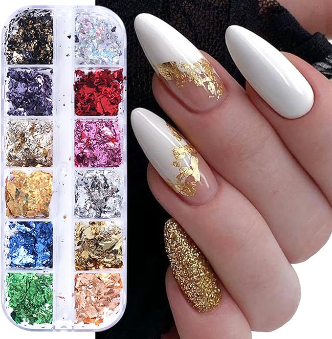 Gold Foils Nail Glitter Supplies 36 Colors Golden Flakes for Nails Art Sparkly Ultra-Thin Aluminum Holographic Foils Nail Art Decoration Gold Leaf DIY 3D Metallic Nail Sequins Manicure Accessories