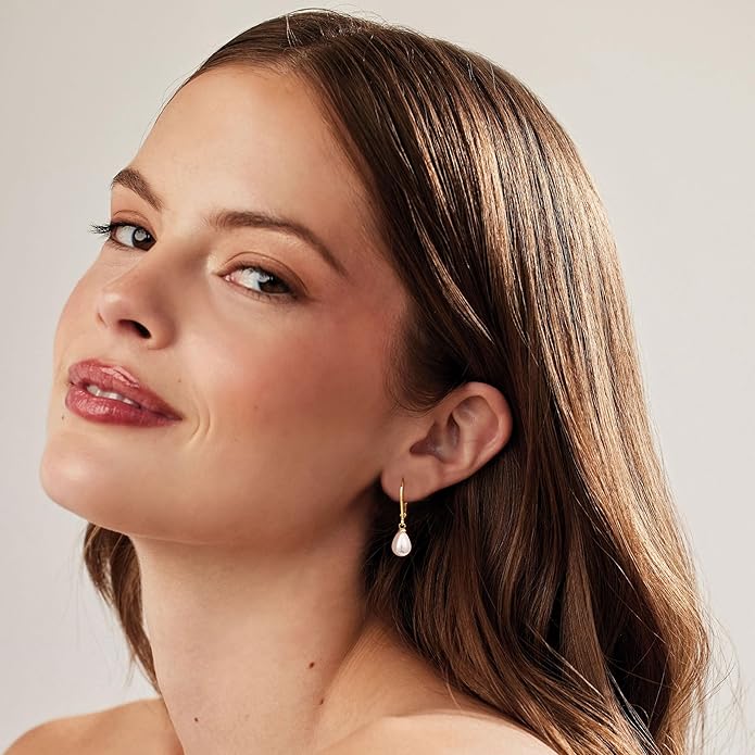 Freekiss Pearl Earrings for Women Trendy: Flat Back Stud Earrings 14K Gold Plated/925 Sterling Silver Freshwater Pearl Dangle Earrings Cute Bow Earrings Wedding Jewelry Birthday Gifts for Women Girls