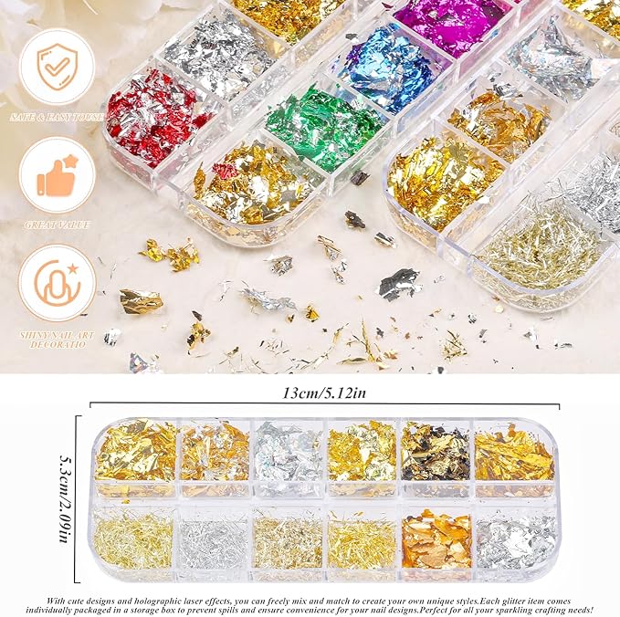 5 Boxes 60 Colors Holographic Nail Glitter Gold Foils Kit, Nail Foil Flakes Laser, 3D Irregular Thin Foil Nail Art Flakes Design Nail Sequins Supplies for Manicure Body Makeup Craft DIY