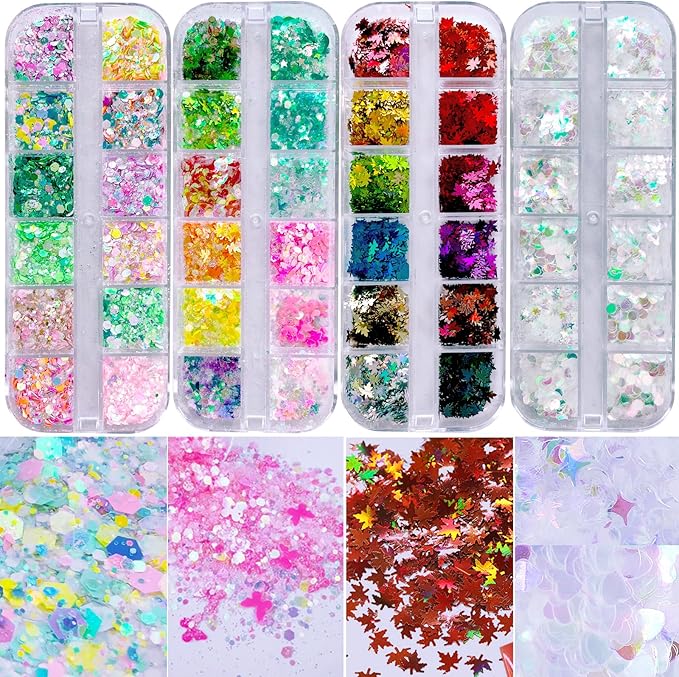 AddFavor 4 Boxes Nail Glitter Holographic Maple Chunky Glitter Flakes Mixed Shaped Flower Heart Star Iridescent Nail Sequins Decals for Fall Nail Art/False Eyelash Decor Supplies