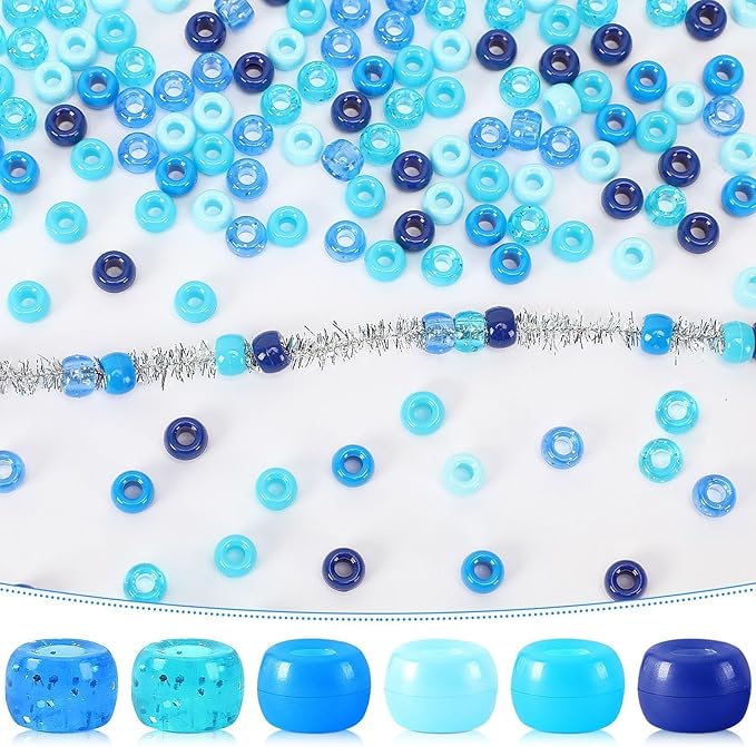 UPINS Blue Pony Beads, 1200Pcs Glitter Blue Pony Beads Bulk for Crafts Hair Hanukkah Friendship Winter Holiday Party Decoration Supplies