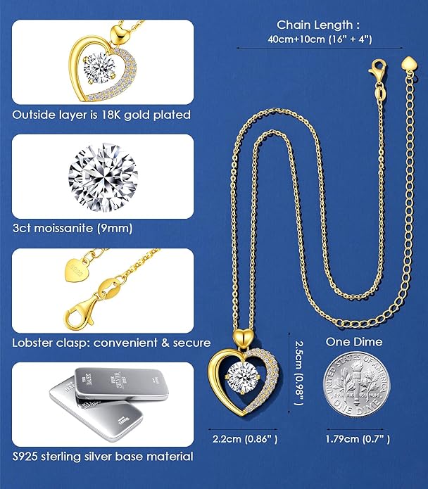 Beam & Bask Moissanite Heart Pendant Necklaces for Women, Engraved with LOVE, Sterling Silver Plated with 18K Gold, Anniversary and Birthday Jewelry for Wife, Girlfriend, Mom, or Her