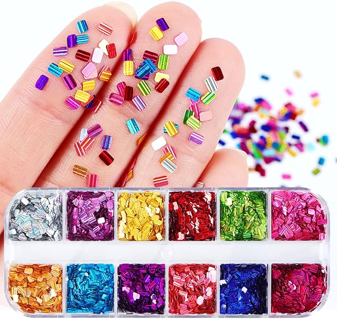 Laser Square Glitter Nail Art Sequins, Holographic 3D 12 Colors Glitter Flakes Design, Rectangle Shape Nail Shiny Supplies for Women Girls Manicure Powder Charms Decorations, DIY Resin Nail Art Tips