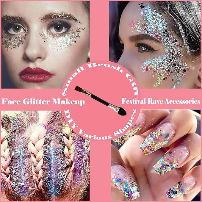 Body Glitter Face Glitter Gel: Singer Concerts Disco Festival Rave Accessories Face Glitter Makeup 150ml Chunky Sequins Mermaid Face Body Hair Glitter Gel (Pink+Blue+Purple+Rose+White+Silver+Gold)