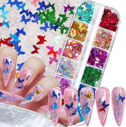 Butterfly Glitter Nail Art Sequins, 3D Sparkly Butterflies Nail Flakse Designs, 12 Colors Holographic Laser Big Small Butterfly Nail Supplies for Women Manicure Sparkle Decorations, DIY Shiny Nail Art
