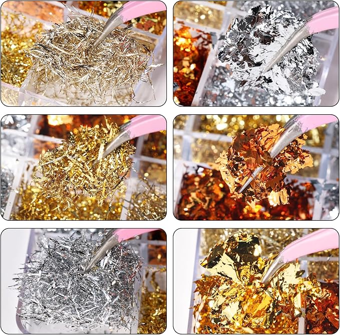 5 Boxes 60 Colors Holographic Nail Glitter Gold Foils Kit, Nail Foil Flakes Laser, 3D Irregular Thin Foil Nail Art Flakes Design Nail Sequins Supplies for Manicure Body Makeup Craft DIY