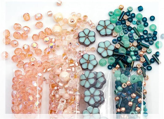 Bohemia Crystal Valley Czech Glass Beads & Japaneese TOHO Seed for Jewelry Making Set - 4 Gentle Distinct Colors Beads: Table Cut Flowers, Fire Polished Faceted 4mm, 2X Rocailles Mix Teal Pink Beige