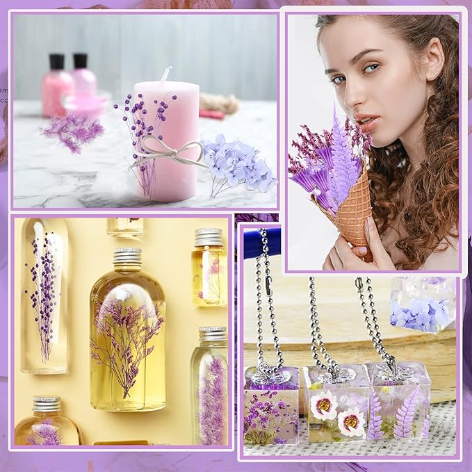 Woanger 2 Boxes Dried Purple Flowers Dried Flower for Resin Crafts Real Natural Leaves Petals 13 Types Pressed Flowers for DIY Candle Nails Making Jewelry Scrapbooking Soap Wedding Home Decor