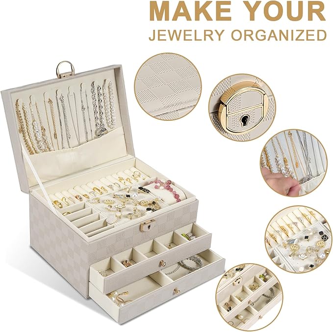 GUOER Jewelry Box for Women Girl Wife - Large PU Leather Jewelry Organizer Storage Case with 3 Layers Display for Earrings Bracelets Rings Watches (Light Khaki)