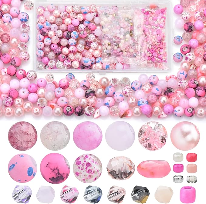 Rose Quartz Jewelry Making Kit - 900pcs Glass Beads, Assorted 8mm, Bicone Crystal, Spacer Seed Beads for Bracelet Crafting