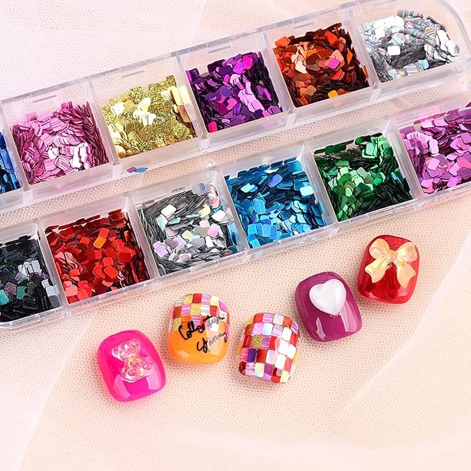 Holographic Square Glitter Flakes, 12 Colors Rectangle Sparkly Sequins, 3D Glitters Acrylic Nails Supplies for Women Girls Manicure Shiny Decorations, DIY Crafts Resin Nail Art Tips